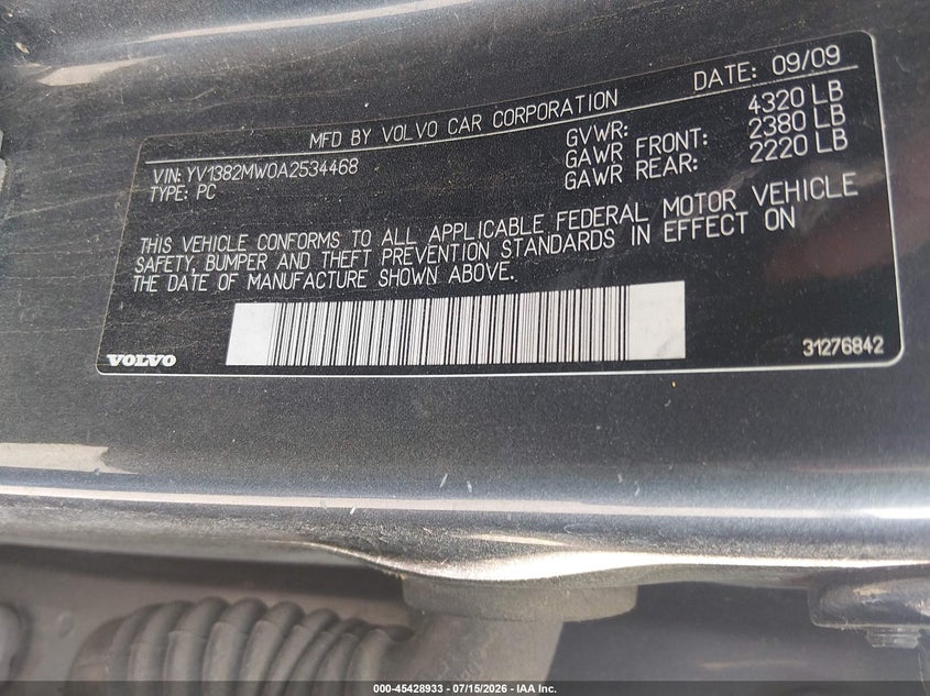 2010 Volvo V50 2.4I VIN: YV1382MW0A2534468 Lot: 45428933