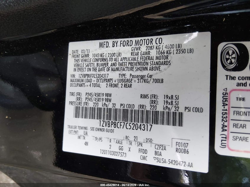2012 FORD MUSTANG COUPE 5.0L V-8 DOHC, VVT, 412HP