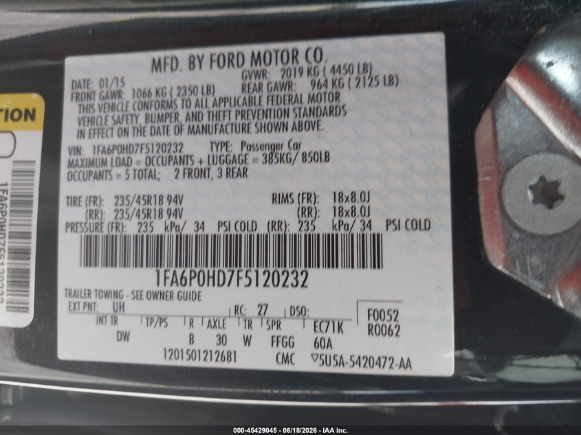 2015 FORD FUSION SEDAN 1.5L I-4 DI, DOHC, VVT, TURBO, 181HP
