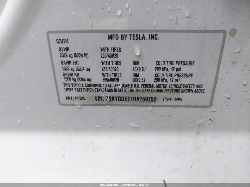 TESLA MODEL Y 2024 VIN 7SAYGDEE1RA259752