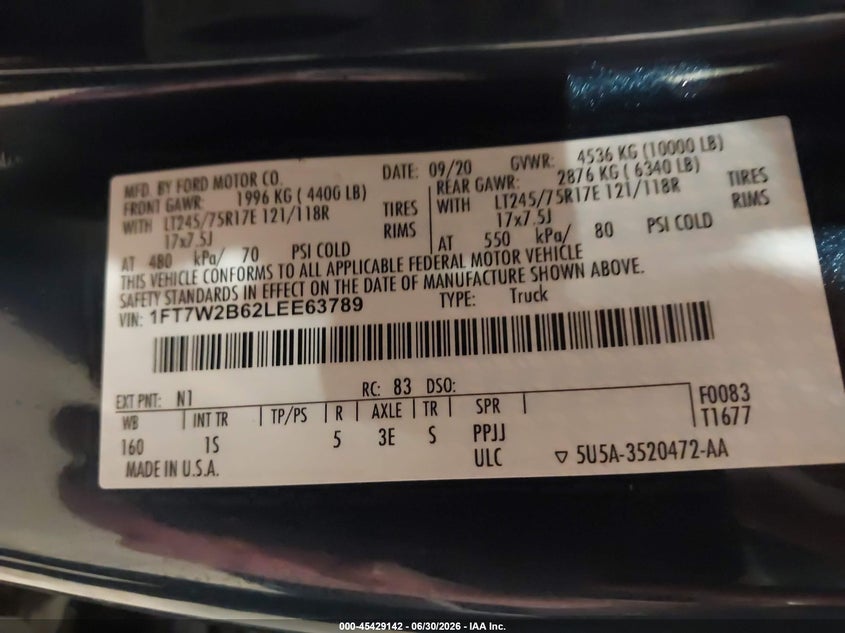 2020 FORD F250 PICKUP 6.2L V-8 VVT, 385HP