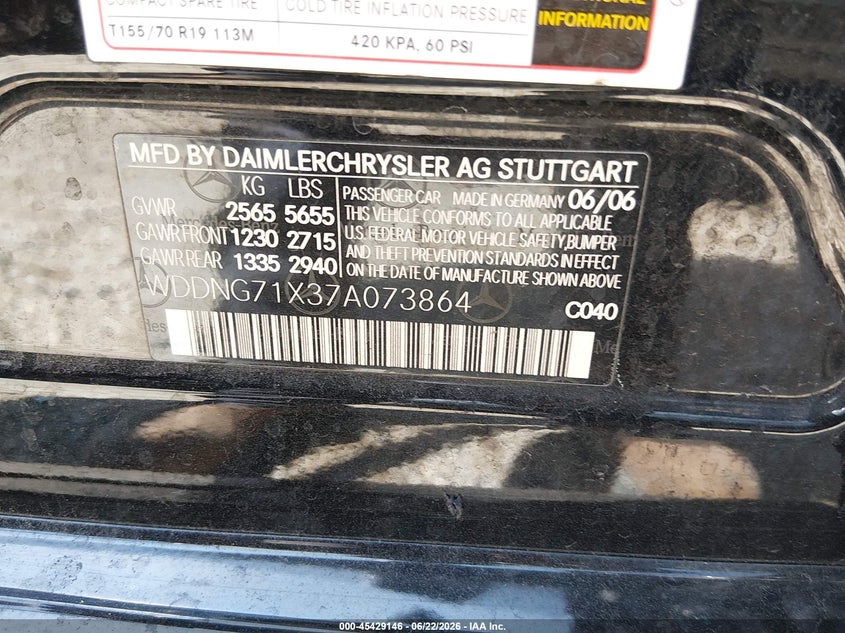2007 Mercedes-Benz S 550 VIN: WDDNG71X37A073864 Lot: 45429146