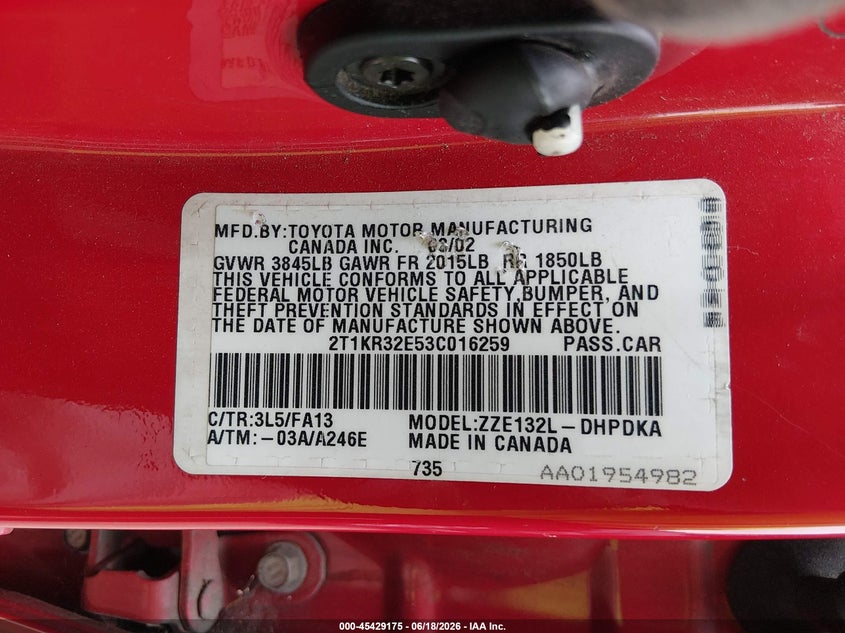 2003 Toyota Matrix Standard VIN: 2T1KR32E53C016259 Lot: 45429175