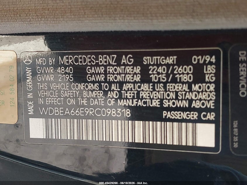 1994 Mercedes-Benz E 320 VIN: WDBEA66E9RC098318 Lot: 45429266