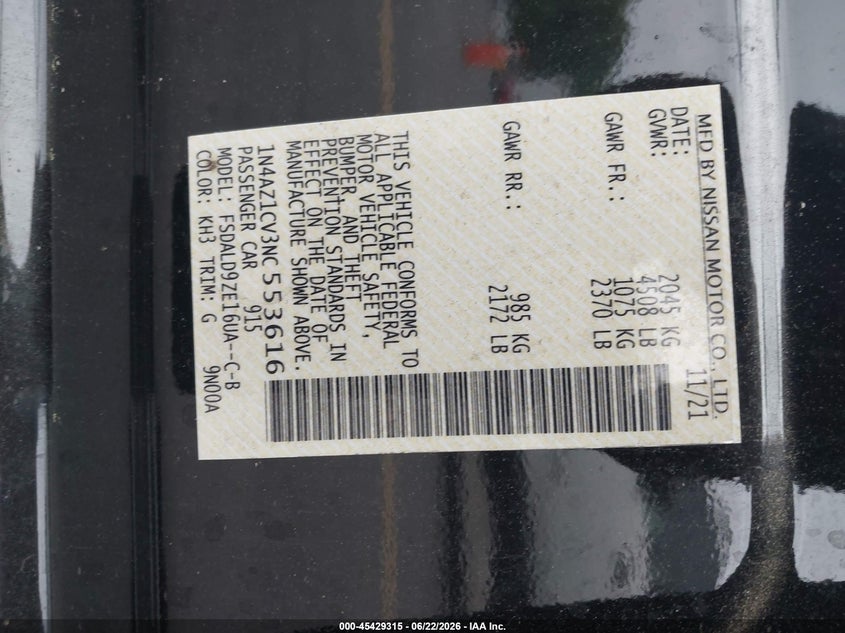 2022 Nissan Leaf Sv 40 Kwh VIN: 1N4AZ1CV3NC553616 Lot: 45429315