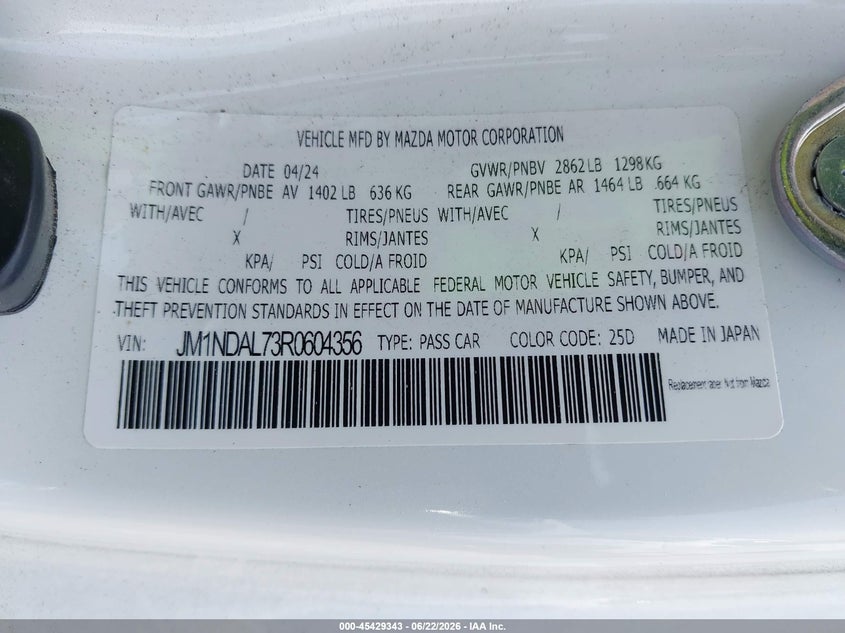 2024 Mazda Mx-5 Miata Rf Club VIN: JM1NDAL73R0604356 Lot: 45429343