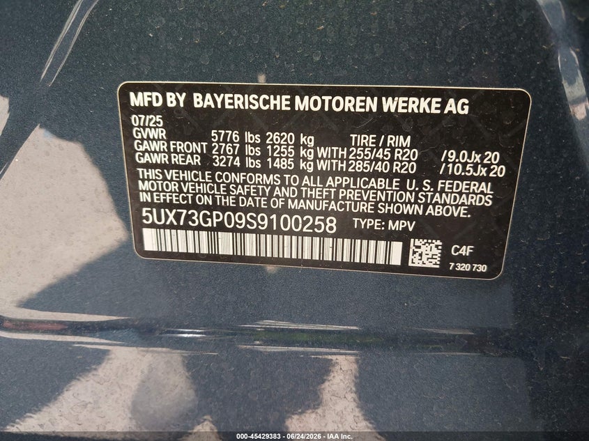 2025 BMW X3 M50 xDrive VIN: 5UX73GP09S9100258 Lot: 45429383