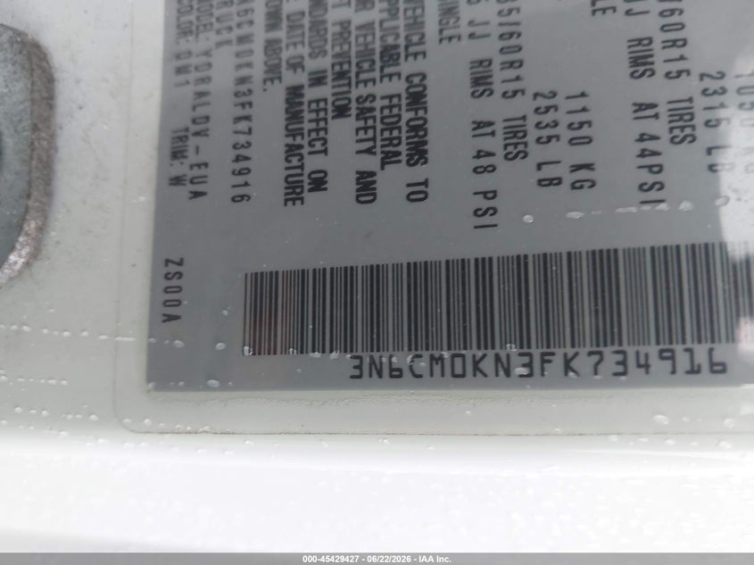 2015 Nissan Nv200 S VIN: 3N6CM0KN3FK734916 Lot: 45429427