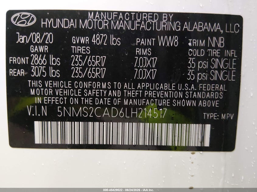 HYUNDAI SANTA FE 2020 VIN 5NMS2CAD6LH214517