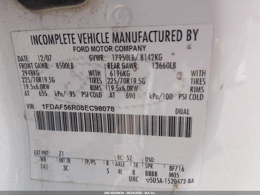 2008 Ford F-550 Chassis Xl/Xlt VIN: 1FDAF56R08EC98078 Lot: 45429539