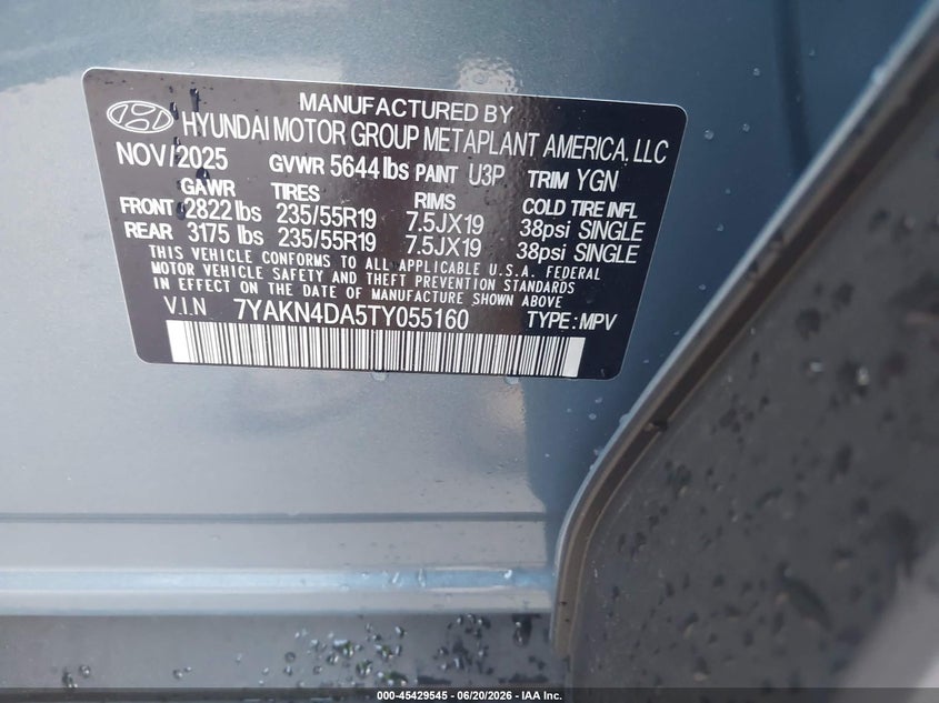 2026 Hyundai Ioniq 5 Sel VIN: 7YAKN4DA5TY055160 Lot: 45429545