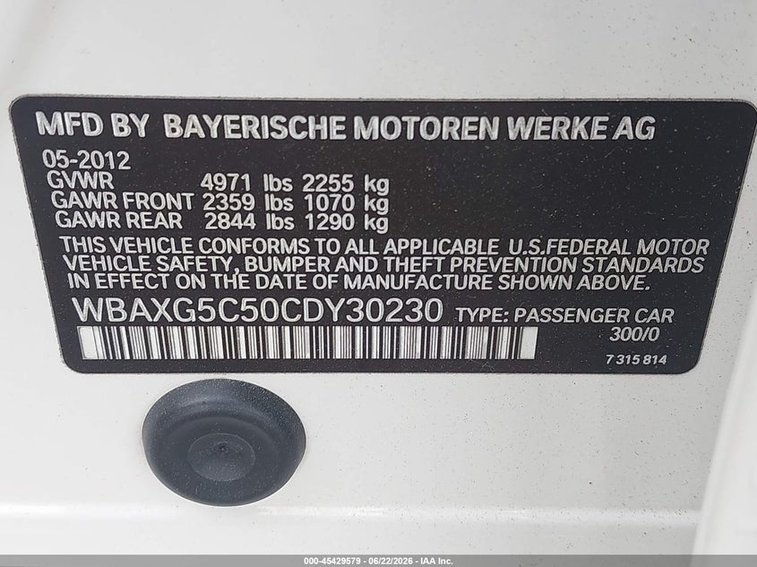 BMW 528I 2012 VIN WBAXG5C50CDY30230