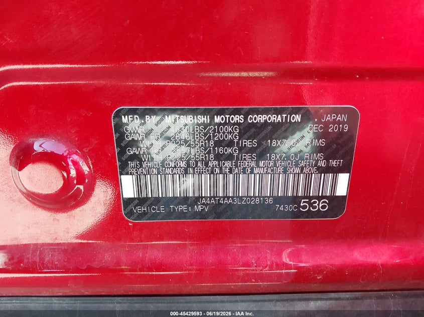2020 Mitsubishi Eclipse Cross Le 1.5T Awc VIN: JA4AT4AA3LZ028136 Lot: 45429593