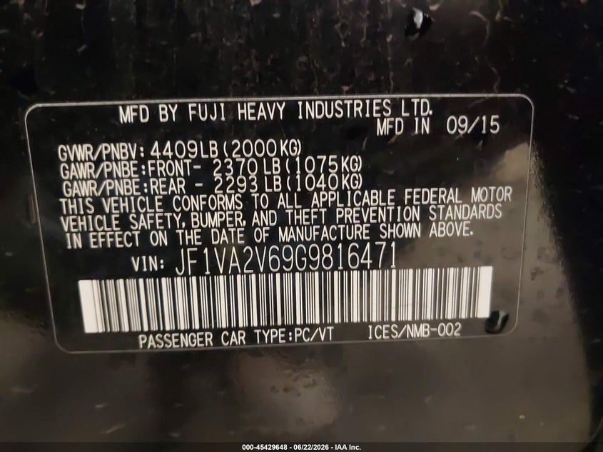 2016 Subaru Wrx Sti VIN: JF1VA2V69G9816471 Lot: 45429648
