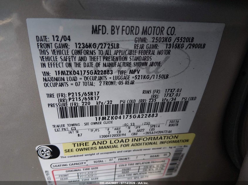 2005 Ford Freestyle Se VIN: 1FMZK04175GA22883 Lot: 45429691