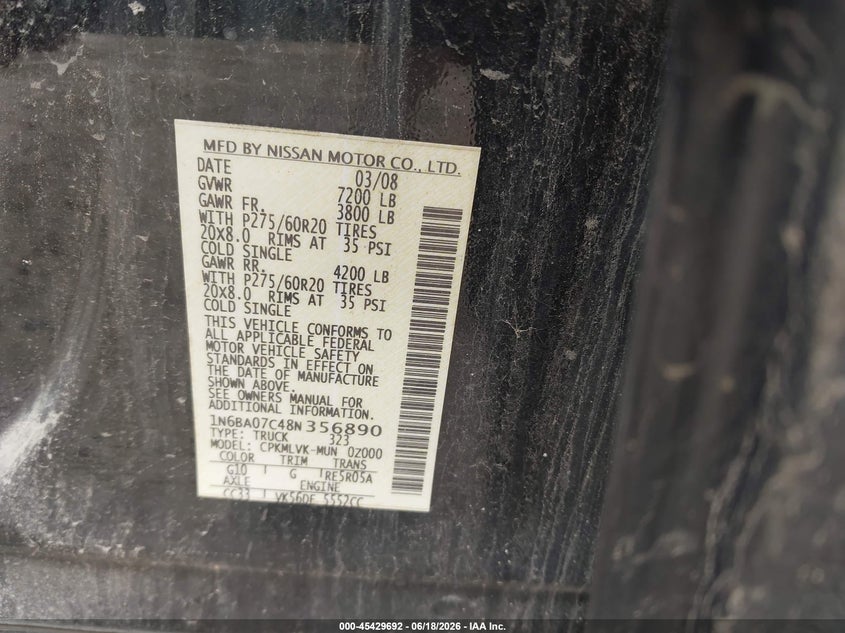 NISSAN TITAN 2008 VIN 1N6BA07C48N356890