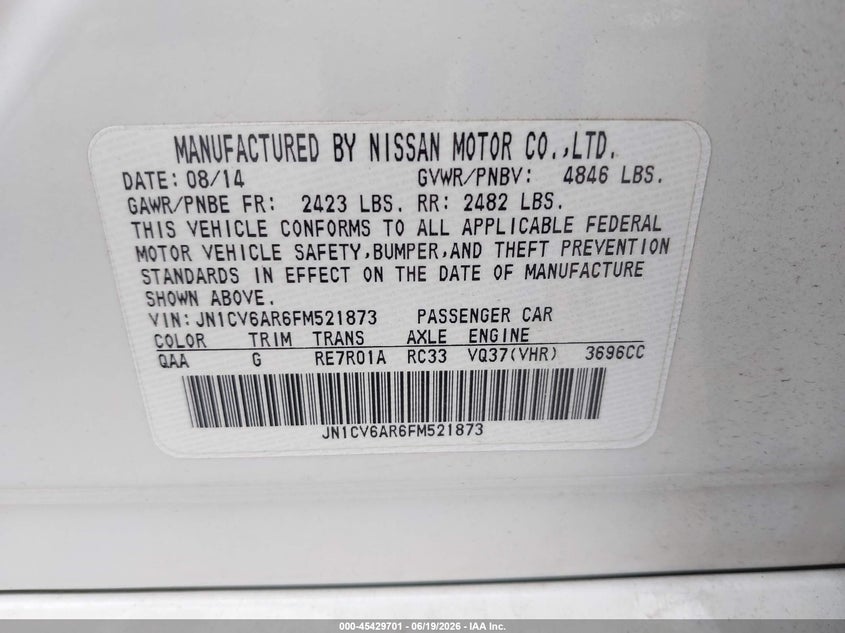 2015 Infiniti Q40 VIN: JN1CV6AR6FM521873 Lot: 45429701