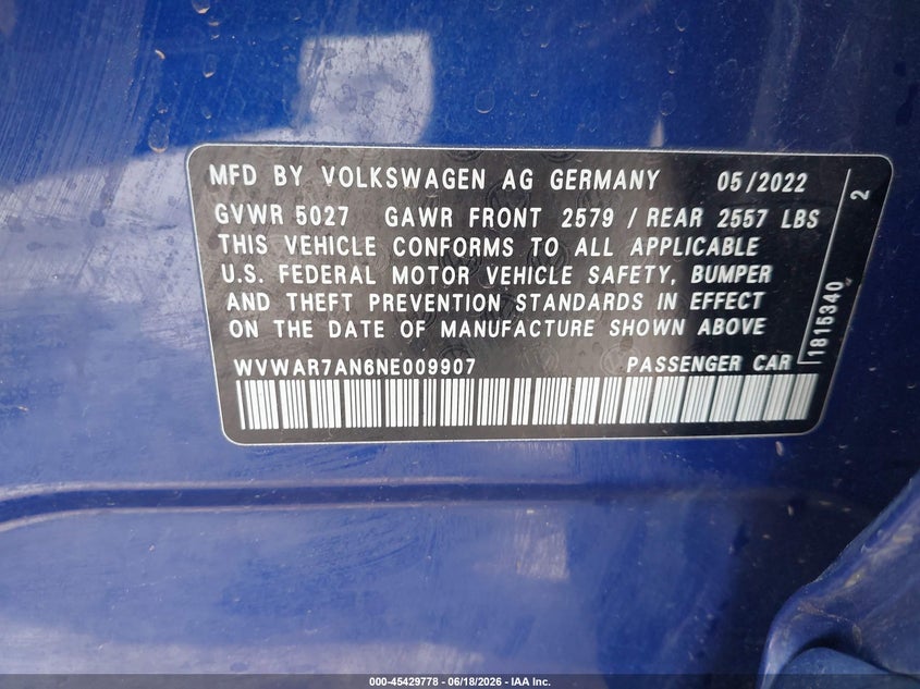2022 Volkswagen Arteon 2.0T Sel R-Line VIN: WVWAR7AN6NE009907 Lot: 45429778