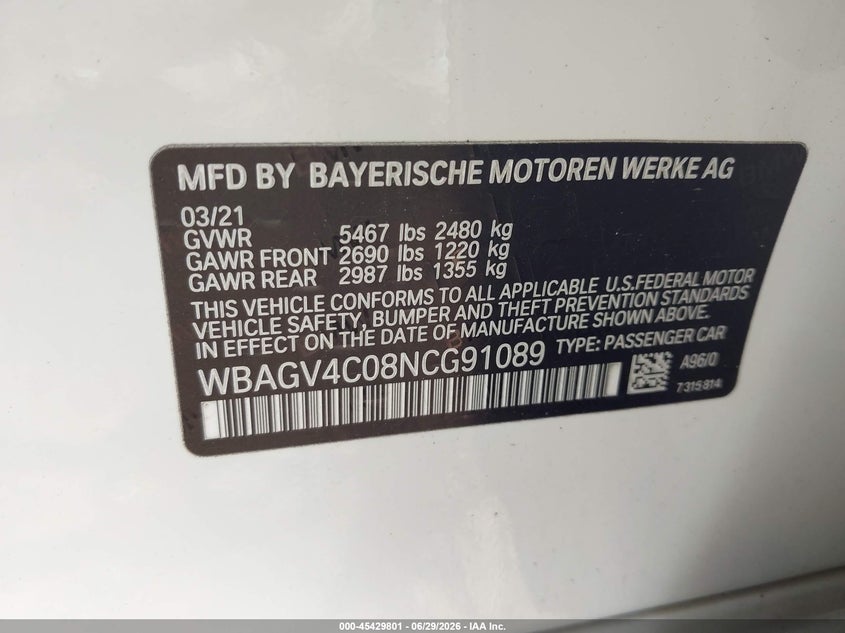 2022 BMW 840 Gran Coupe I xDrive VIN: WBAGV4C08NCG91089 Lot: 45429801