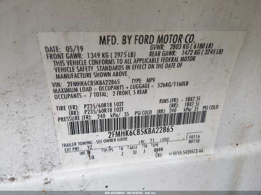 2019 Ford Flex Sel VIN: 2FMHK6C85KBA22865 Lot: 45429844