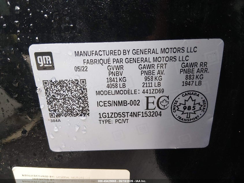 VIN 1G1ZD5ST4NF153204 2022 CHEVROLET MALIBU LT