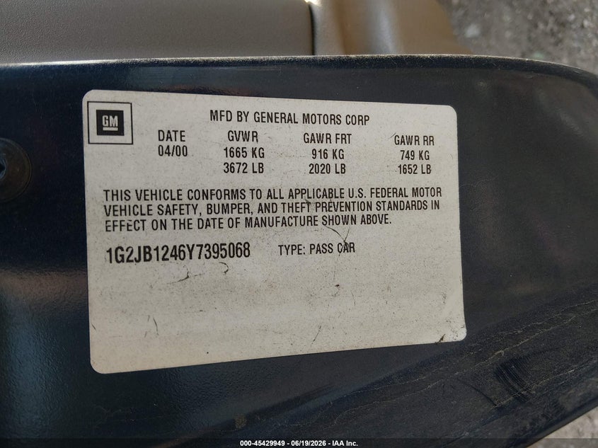 2000 Pontiac Sunfire Se VIN: 1G2JB1246Y7395068 Lot: 45429949