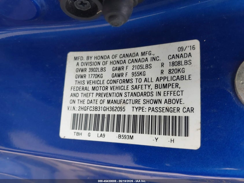 2016 HONDA CIVIC COUPE 1.5L I-4 DI, DOHC, VVT, TURBO, 174HP