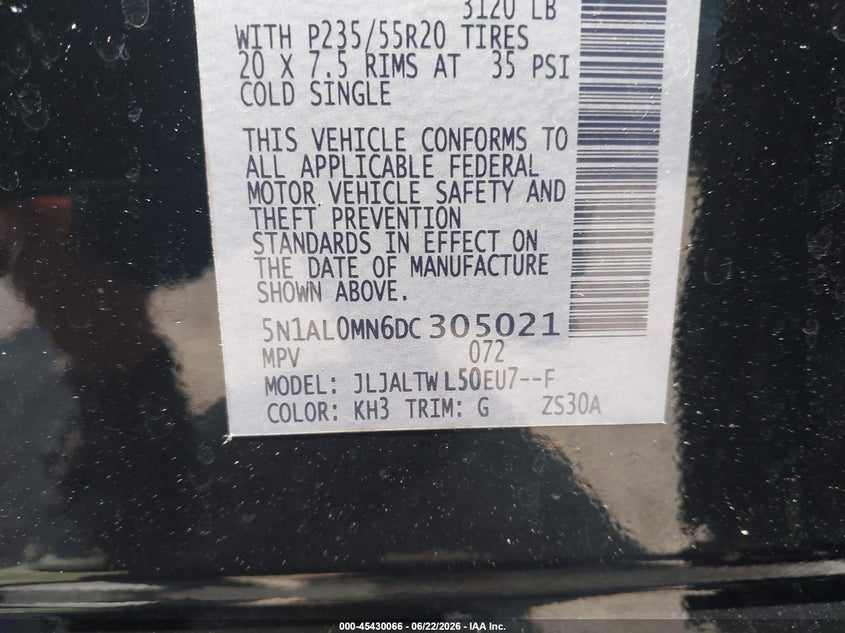 2013 Infiniti Jx35 VIN: 5N1AL0MN6DC305021 Lot: 45430066