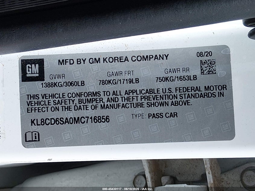 VIN KL8CD6SA0MC716856 2021 CHEVROLET SPARK FWD 1LT AUTOMATIC