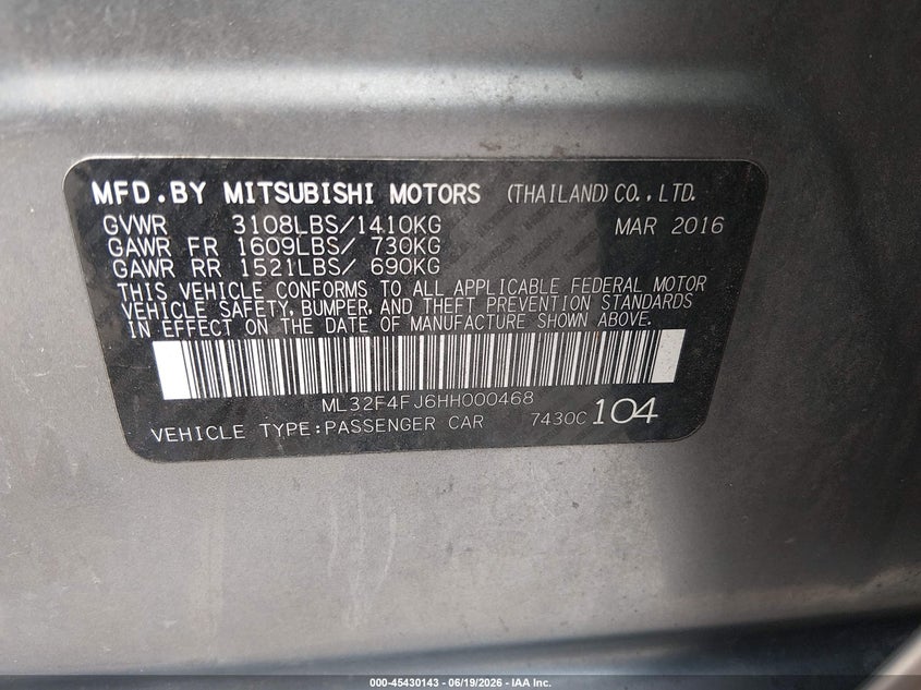 2017 MITSUBISHI MIRAGE SEDAN 1.2L I-3 DOHC, VVT, 78HP