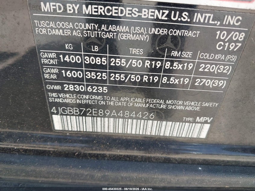 2009 Mercedes-Benz Ml 550 4Matic VIN: 4JGBB72E89A484426 Lot: 45430325