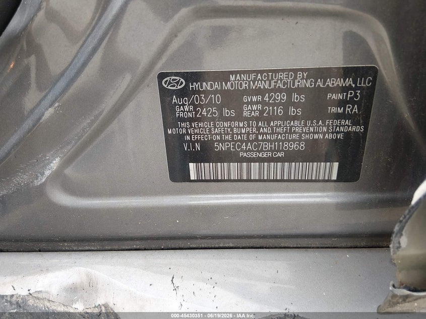 2011 Hyundai Sonata Se VIN: 5NPEC4AC7BH118968 Lot: 45430351