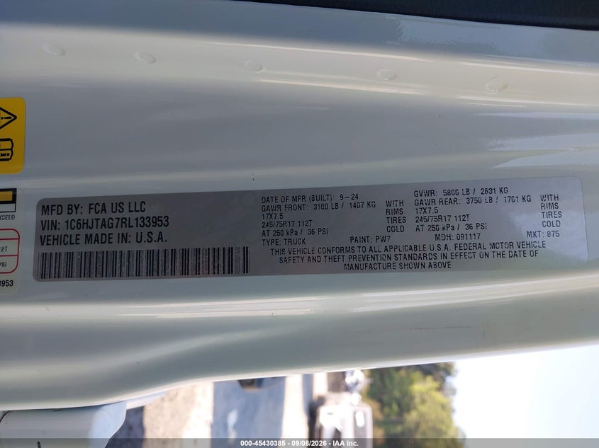 JEEP GLADIATOR 2024 VIN 1C6HJTAG7RL133953