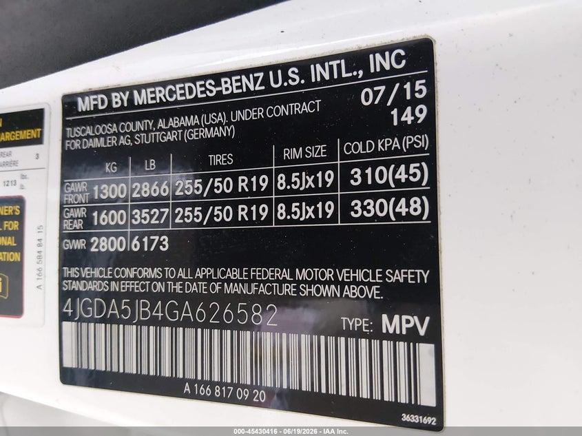 MERCEDES-BENZ GLE 350 2016 VIN 4JGDA5JB4GA626582