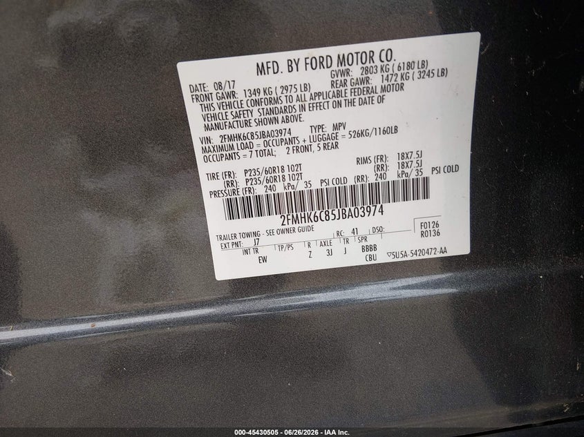2018 FORD FLEX SPORT UTILITY VEHICLE 3.5L V-6 DOHC, VVT, 290HP