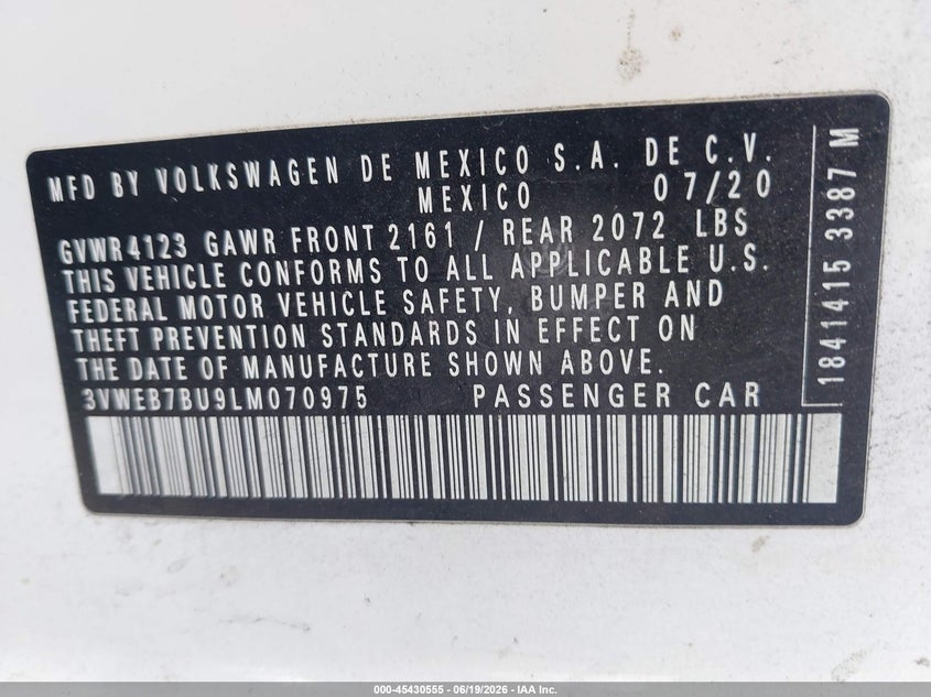 2020 Volkswagen Jetta 1.4T Sel VIN: 3VWEB7BU9LM070975 Lot: 45430555