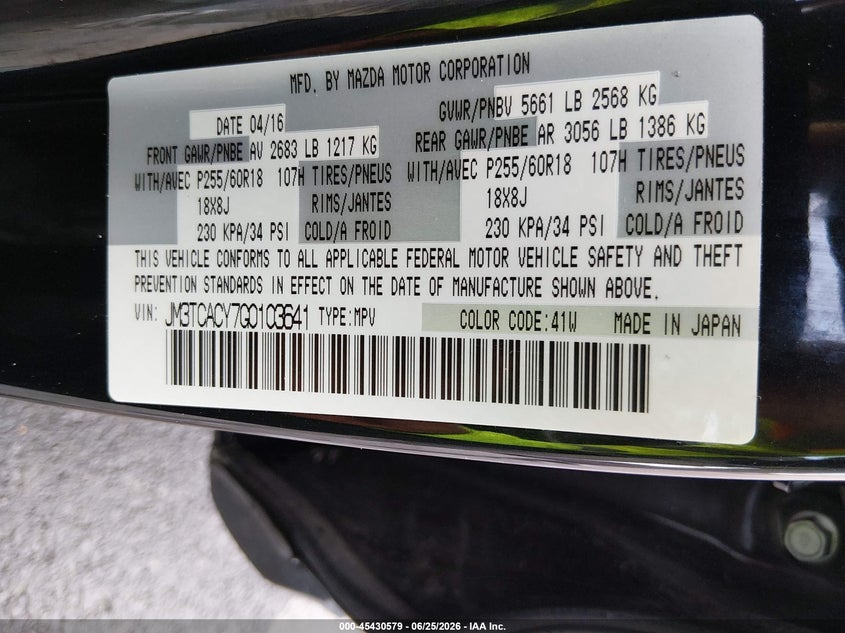 2016 Mazda Cx-9 Touring VIN: JM3TCACY7G0103641 Lot: 45430579
