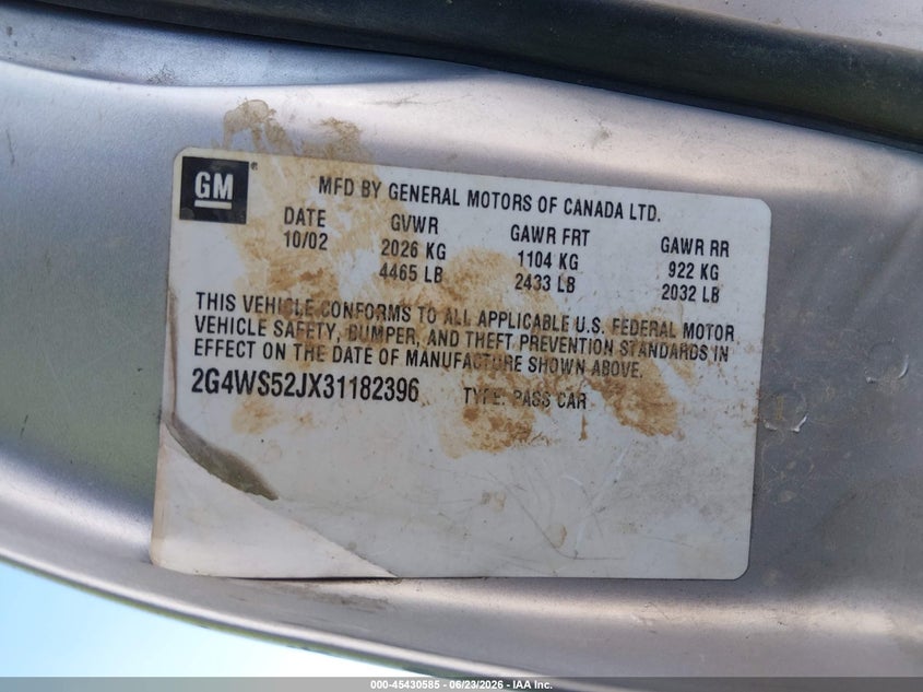 2003 Buick Century Custom VIN: 2G4WS52JX31182396 Lot: 45430585