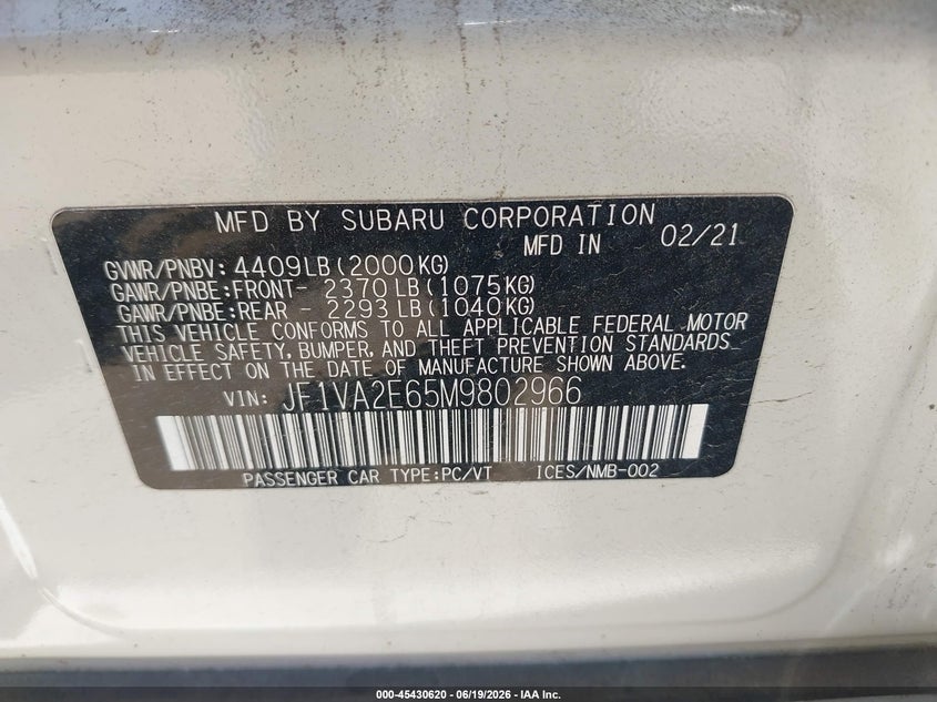 2021 Subaru Wrx Sti VIN: JF1VA2E65M9802966 Lot: 45430620