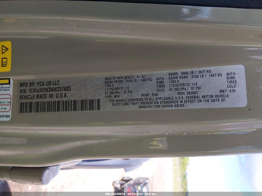 2022 Jeep Wrangler Unlimited Willys Sport 4X4 VIN: 1C4HJXDN3NW237603 Lot: 45430624
