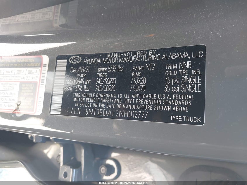 2022 Hyundai Santa Cruz Limited VIN: 5NTJEDAF2NH012727 Lot: 45430691