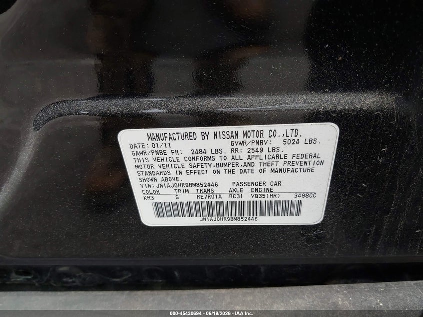 2011 Infiniti Ex35 Journey VIN: JN1AJ0HR9BM852446 Lot: 45430694