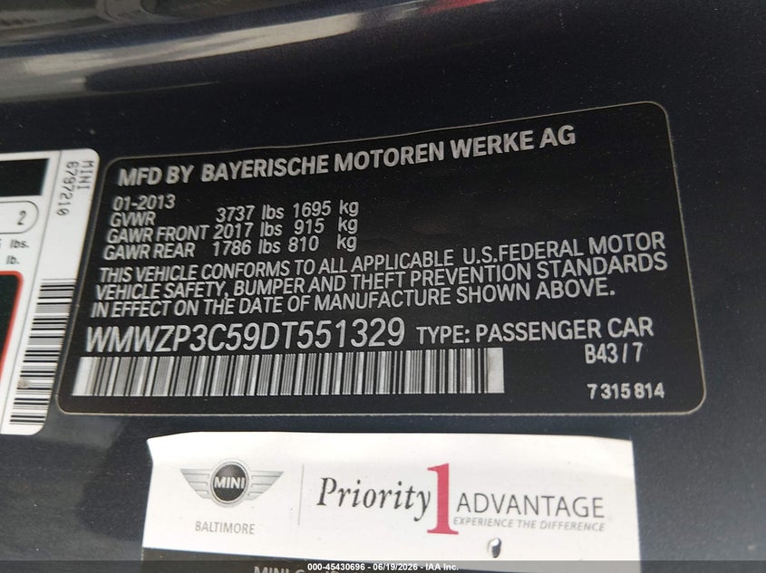 2013 Mini Convertible Cooper S VIN: WMWZP3C59DT551329 Lot: 45430696