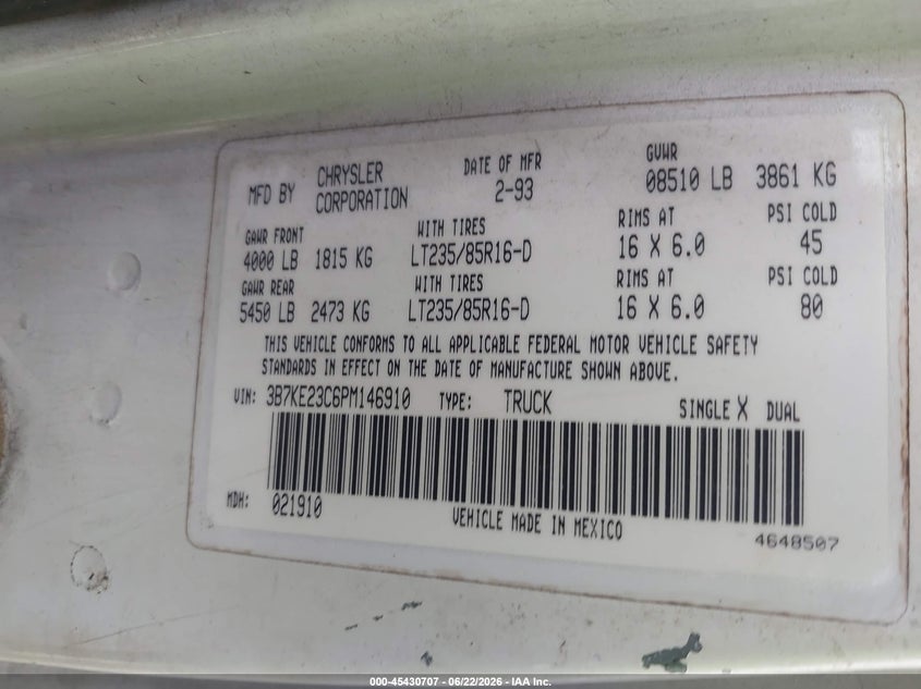 1993 DODGE D/W SERIES COUPE 5.9L I6 FI F2