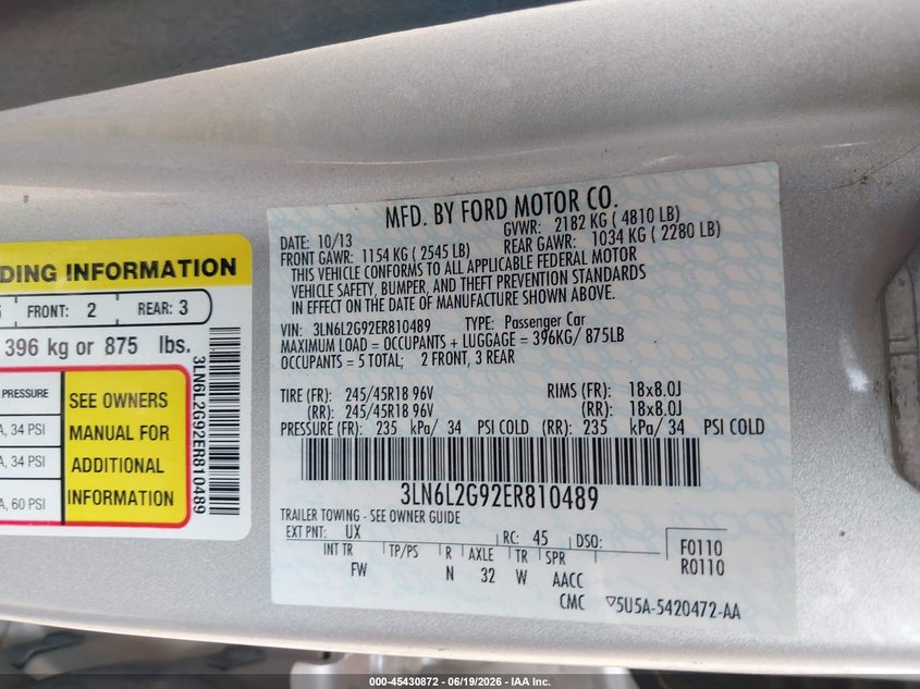 2014 Lincoln Mkz VIN: 3LN6L2G92ER810489 Lot: 45430872