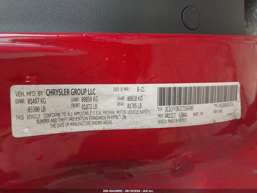 2012 Fiat 500C Pop VIN: 3C3CFFDR2CT164305 Lot: 45430892