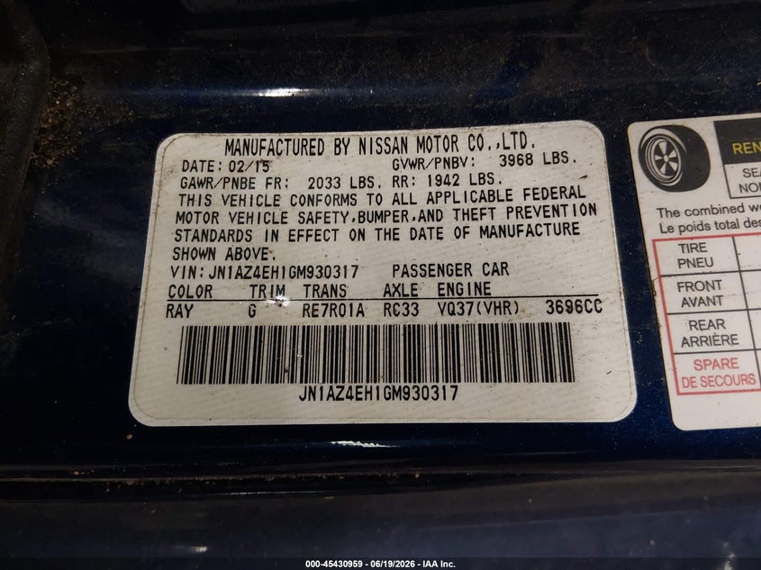 2016 Nissan 370Z Sport Tech VIN: JN1AZ4EH1GM930317 Lot: 45430959