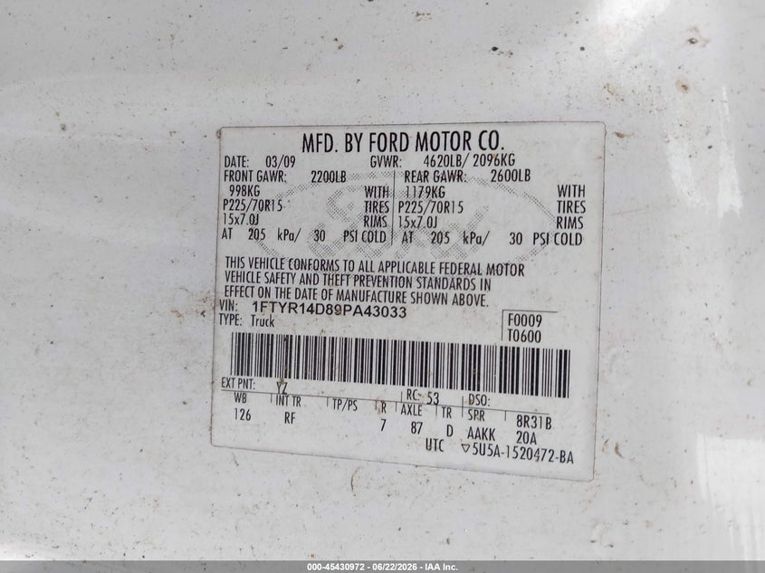 2009 FORD RANGER TRUCK 2.3L I-4 DOHC, 143HP