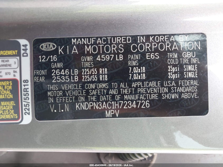 VIN KNDPN3AC1H7234726 2017 KIA SPORTAGE EX