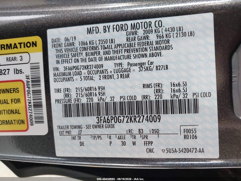 2019 Ford Fusion S VIN: 3FA6P0G72KR274009 Lot: 45430990